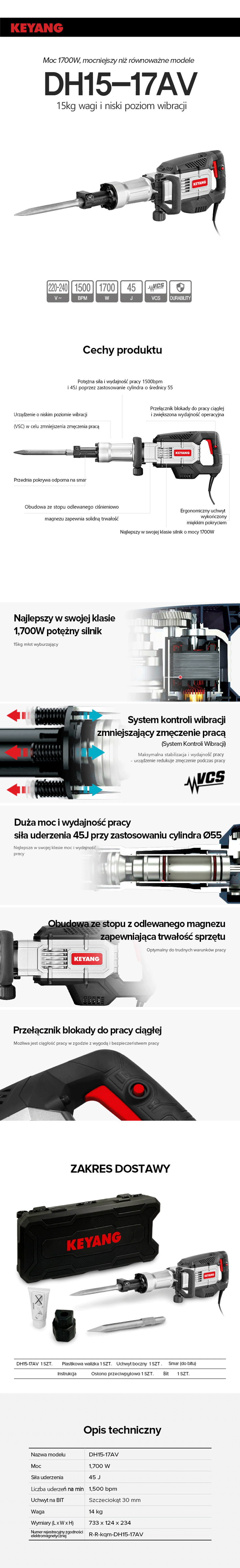 Młot kłujący Keyang DH15-17AV o niskiej wibracji 