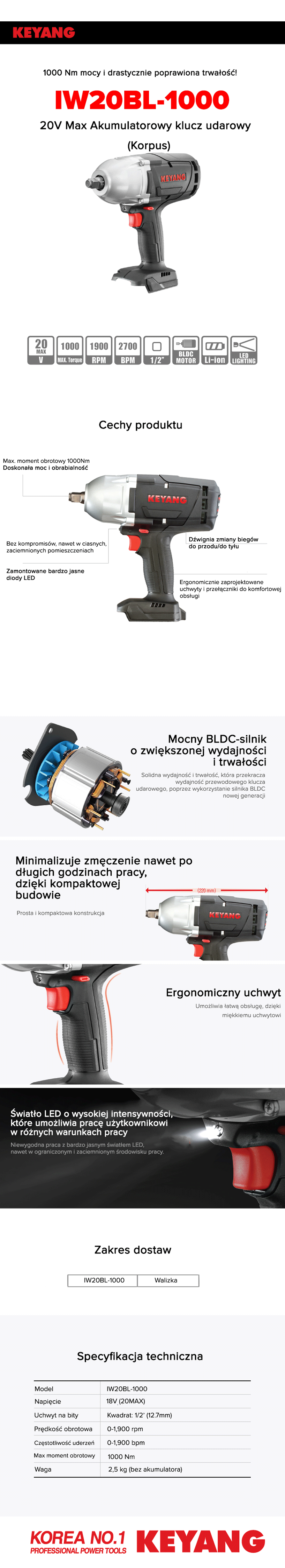 Klucz udarowy akumulatorowy 18V Keyang IW20BL-1000 - KORPUS