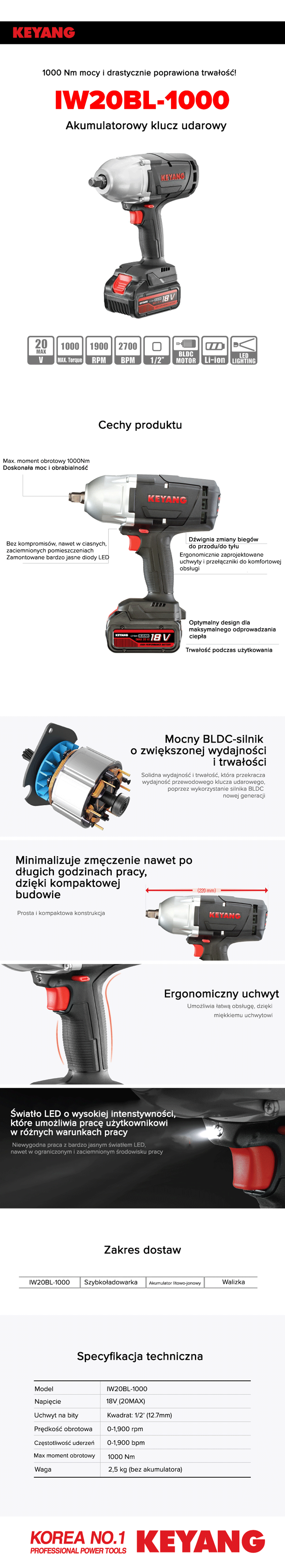 Klucz udarowy akumulatorowy Keyang IW20BL-1000 18V - 20V max