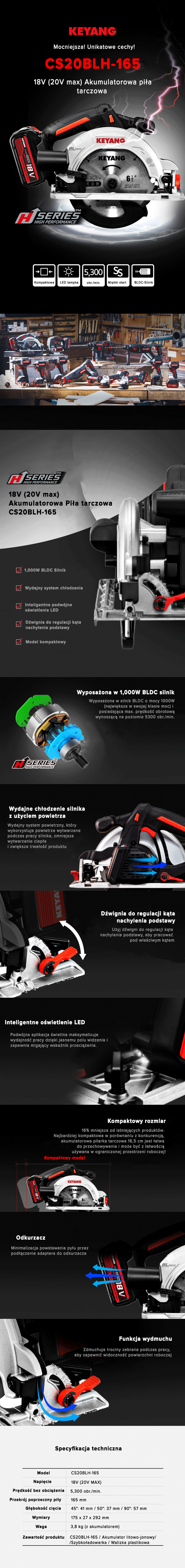 Keyang CS20BLH-165 Akumulatorowa piła tarczowa - 18V