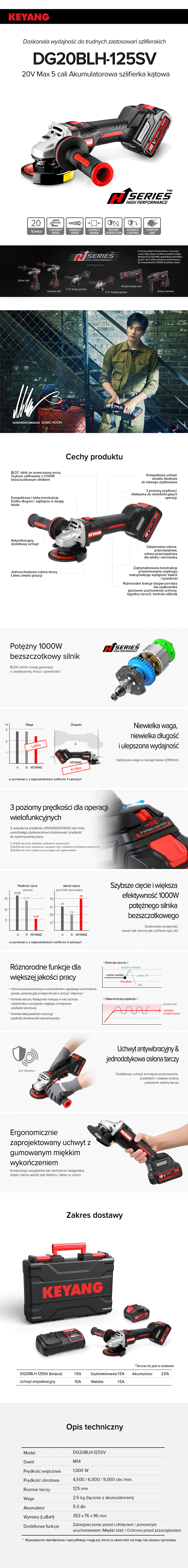 Keyang DG20BLH-125SV Szlifierka kątowa – Zmienna prędkość - 18V - 5,0Ah