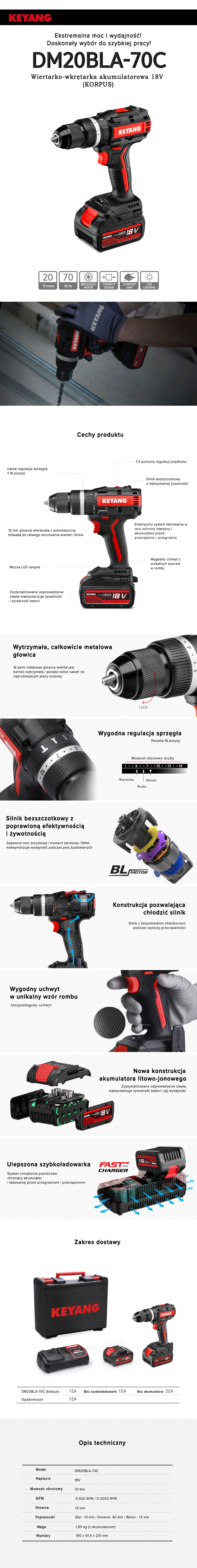 Keyang DM20BLA70C Akumulatorowa wiertarka udarowa 18V 5.0Ah KORPUS