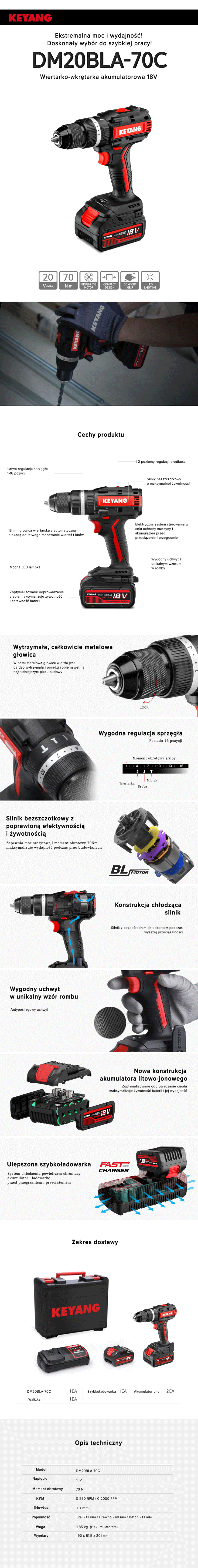 Keyang DM20BLA70C Akumulatorowa wiertarka udarowa 18V 5.0Ah