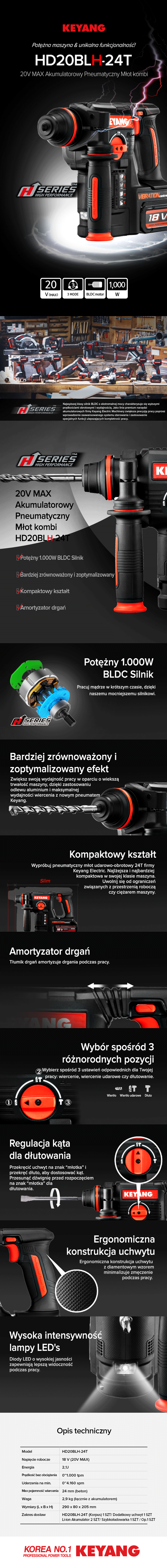 Keyang HD20BLH-24T Akumulatorowy młot udarowo-obrotowy – 18V – 2x5.0Ah – SDS Plus