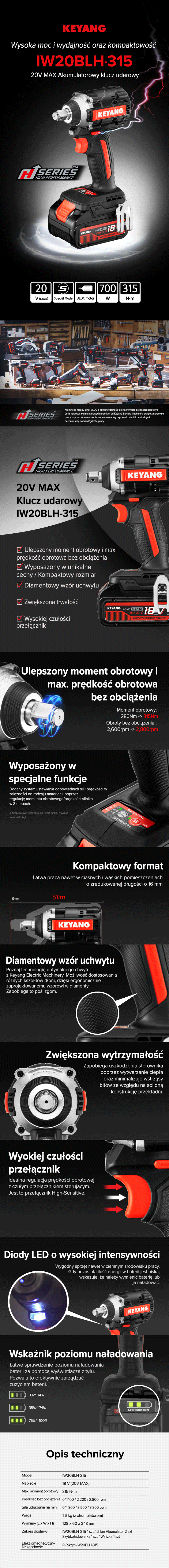 Keyang IW20BLH-315 Akumulatorowy klucz udarowy 315 Nm