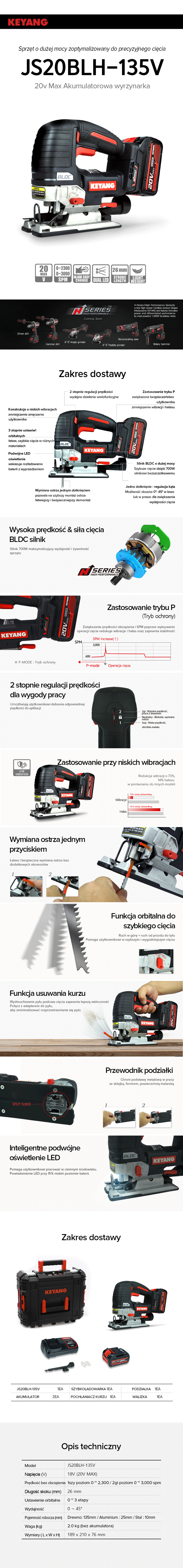 Keyang JS20BLH-135V Akumulatorowa wyrzynarka - 20V