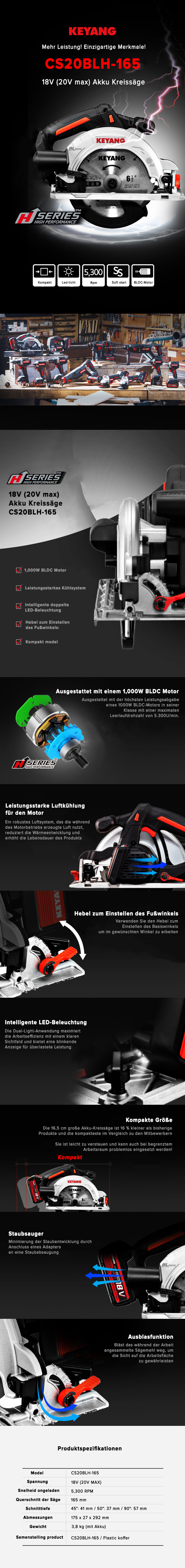 Keyang CS20BLH-165 Accu-Handkreissäge - 18V (20V max) - BODY