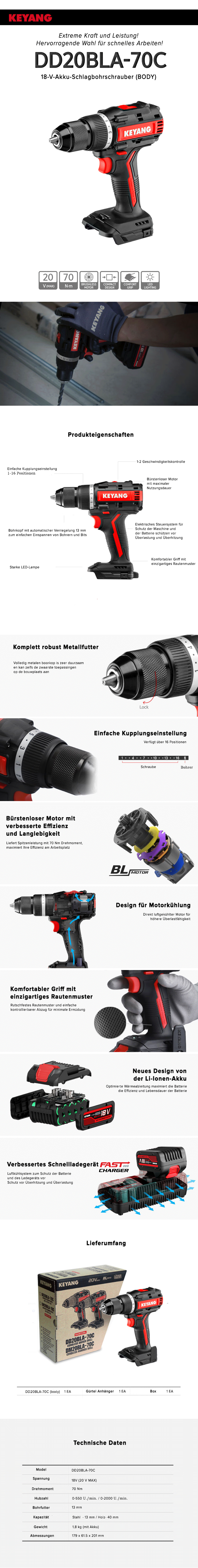 Keyang DD20BLA70C Akku-Bohrmaschine/Schrauber - BODY
