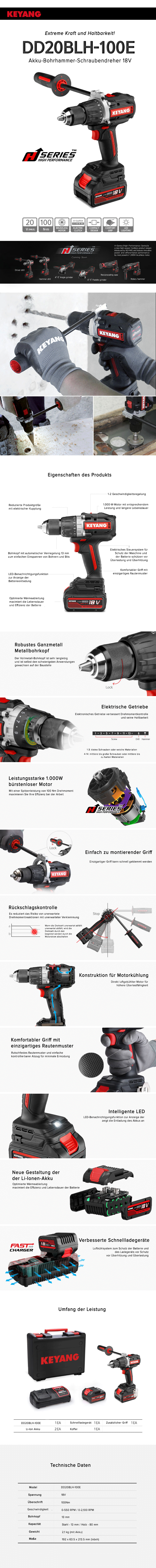 Keyang DD20BLH100E Akku-Bohrschrauber - 18V - 5.0Ah
