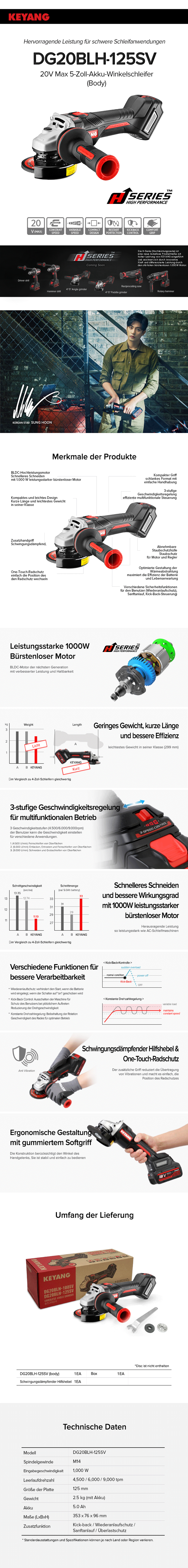 Keyang DG20BLH-125SV Akku-Winkelschleifer 18V – Variable Geschwindigkeit - BODY