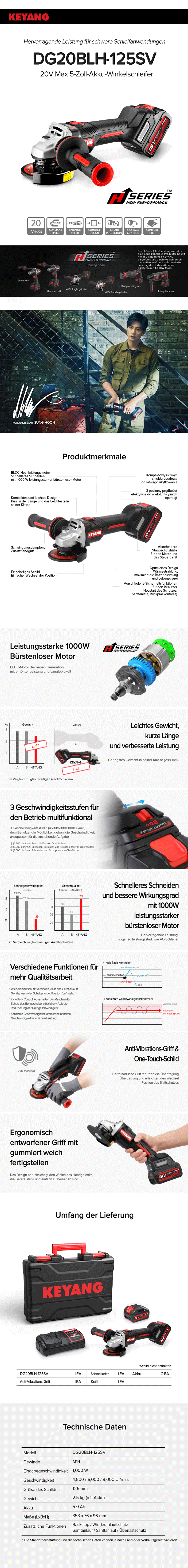 Keyang DG20BLH-125SV Akku-Winkelschleifer – Variable Geschwindigkeit - 18V - 5,0Ah