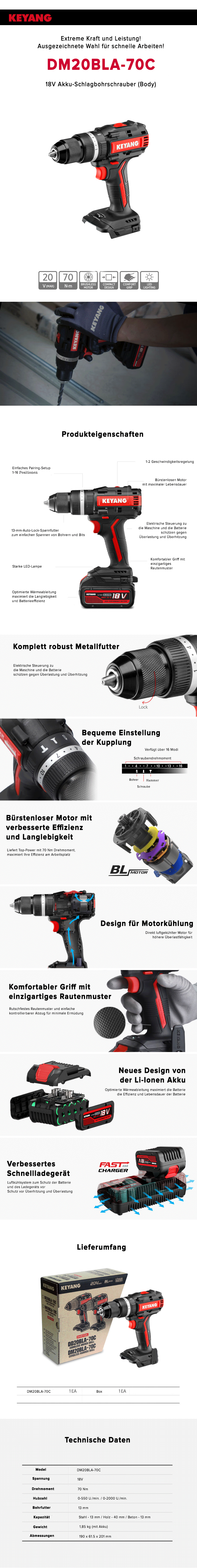 Keyang DM20BLA70C Akku-Schlagbohrschrauber 18V 5.0Ah BODY