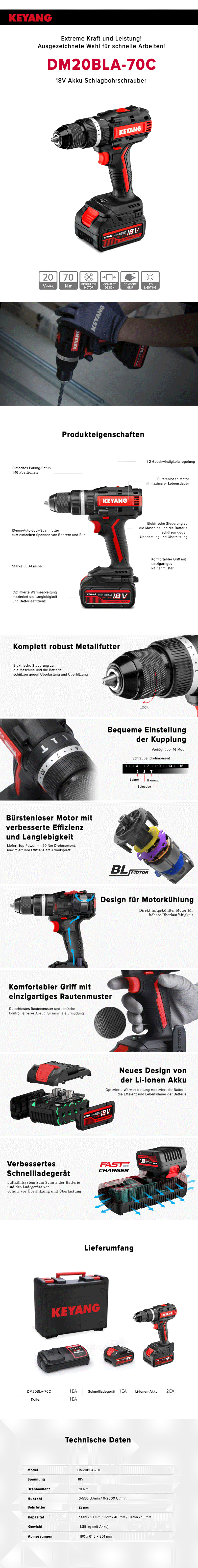Keyang DM20BLA70C Akku-Schlagbohrschrauber 18V 5.0Ah
