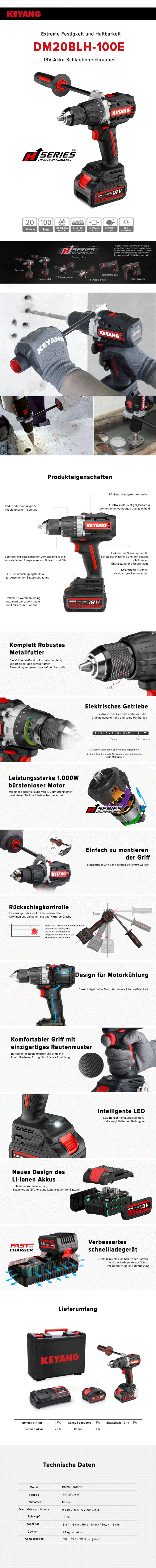 Keyang DM20BLH100E Akku-Schlagbohrschrauber - 18V - 5.0Ah