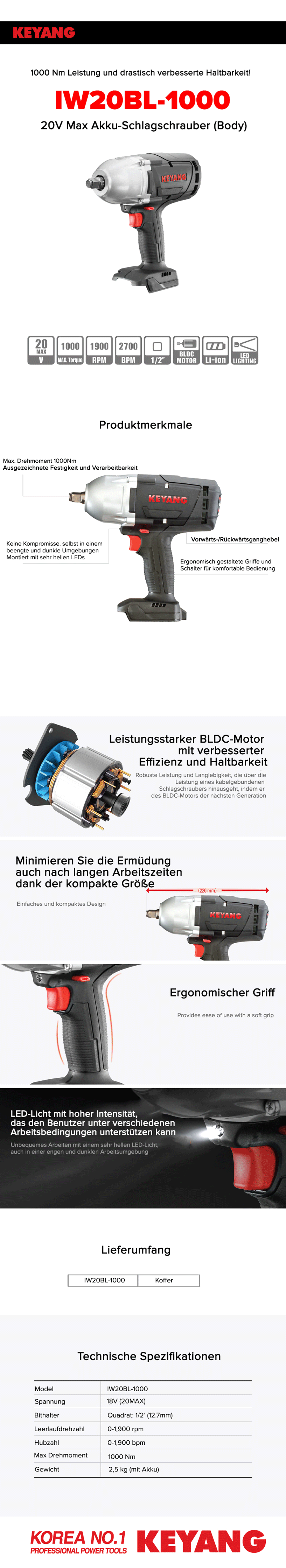 Keyang IW20BL-1000 Akku-Schlagschrauber 18V - BODY