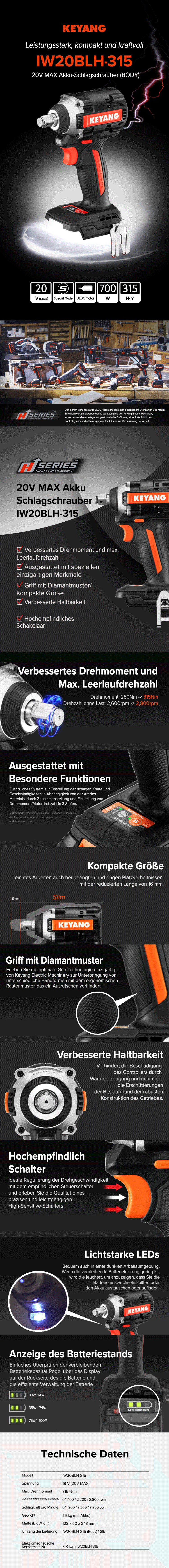 Keyang IW20BLH-315 Akku-Schlagschrauber 315 Nm – 18V (20V MAX) – BODY