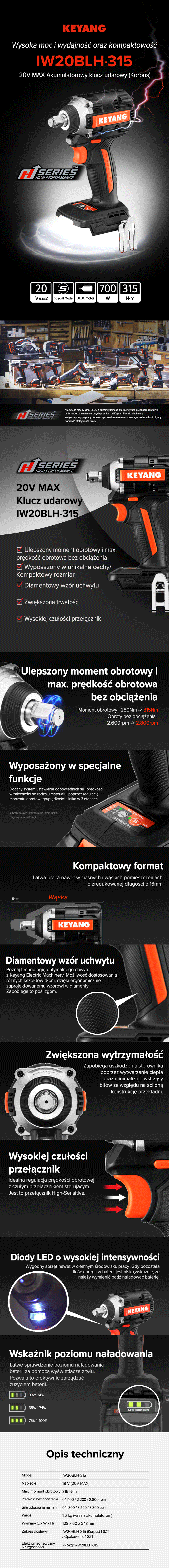IW20BLH-315 Keyang Akumulatorowy klucz udarowy