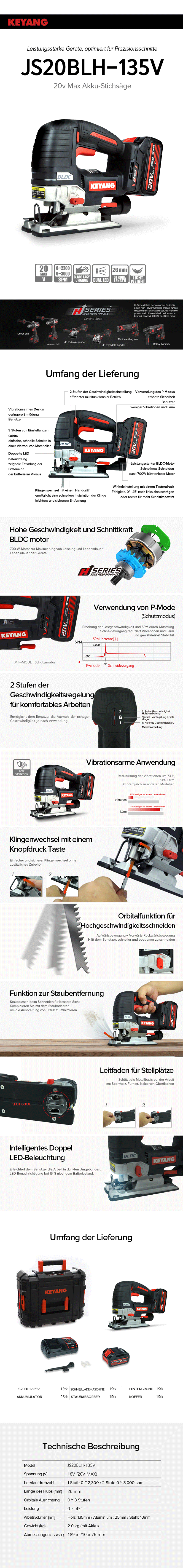 Keyang JS20BLH-135V Akku-Stichsäge - 20V