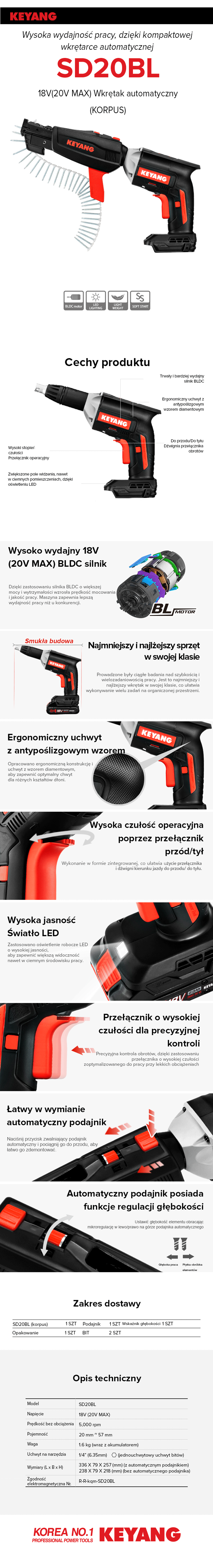 Keyang SD20BL Akumulatorowa wkrętarka do suchej zabudowy – 18V BODY