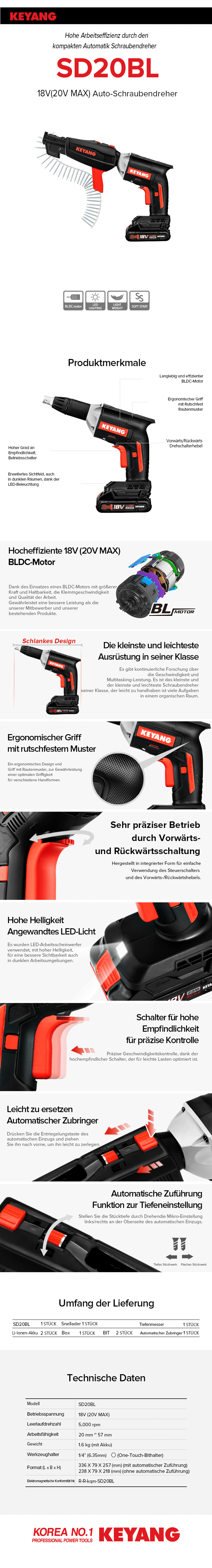 Keyang SD20BL Trockenbauschrauber – 18V (20V MAX) – 2×5.0Ah