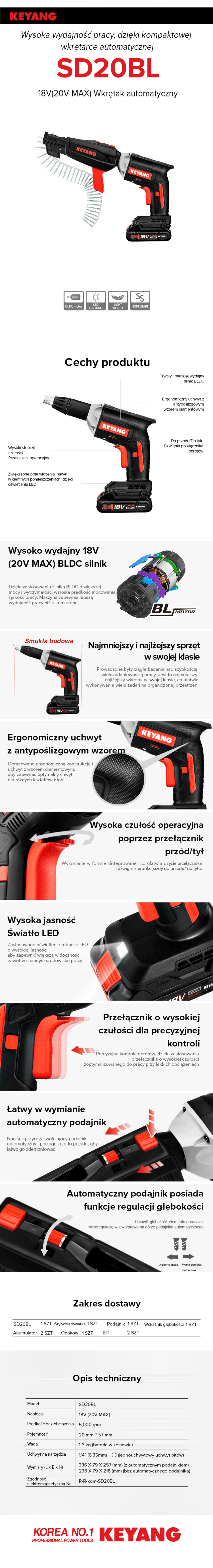 Keyang SD20BL Akumulatorowa wkrętarka do suchej zabudowy – 18V (20V MAX) – 2×5.0Ah